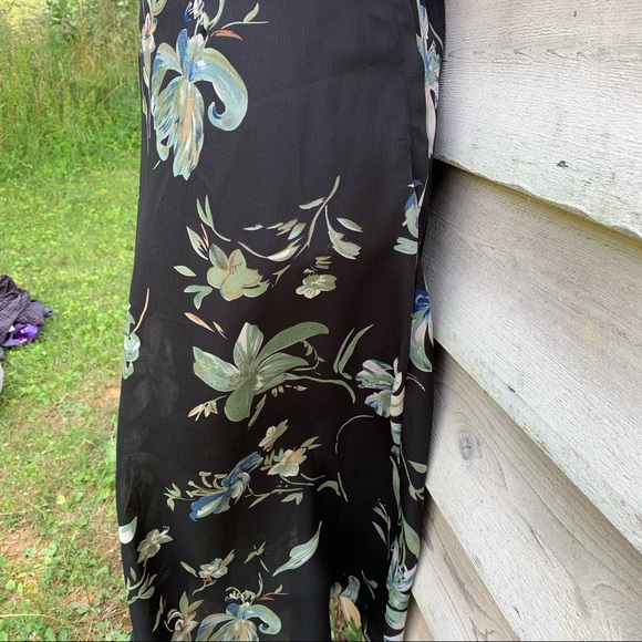 Vintage 90s Black Floral Print Elastic High Waist Sheer Ankle Length Midi Skirt - Picture 11 of 16